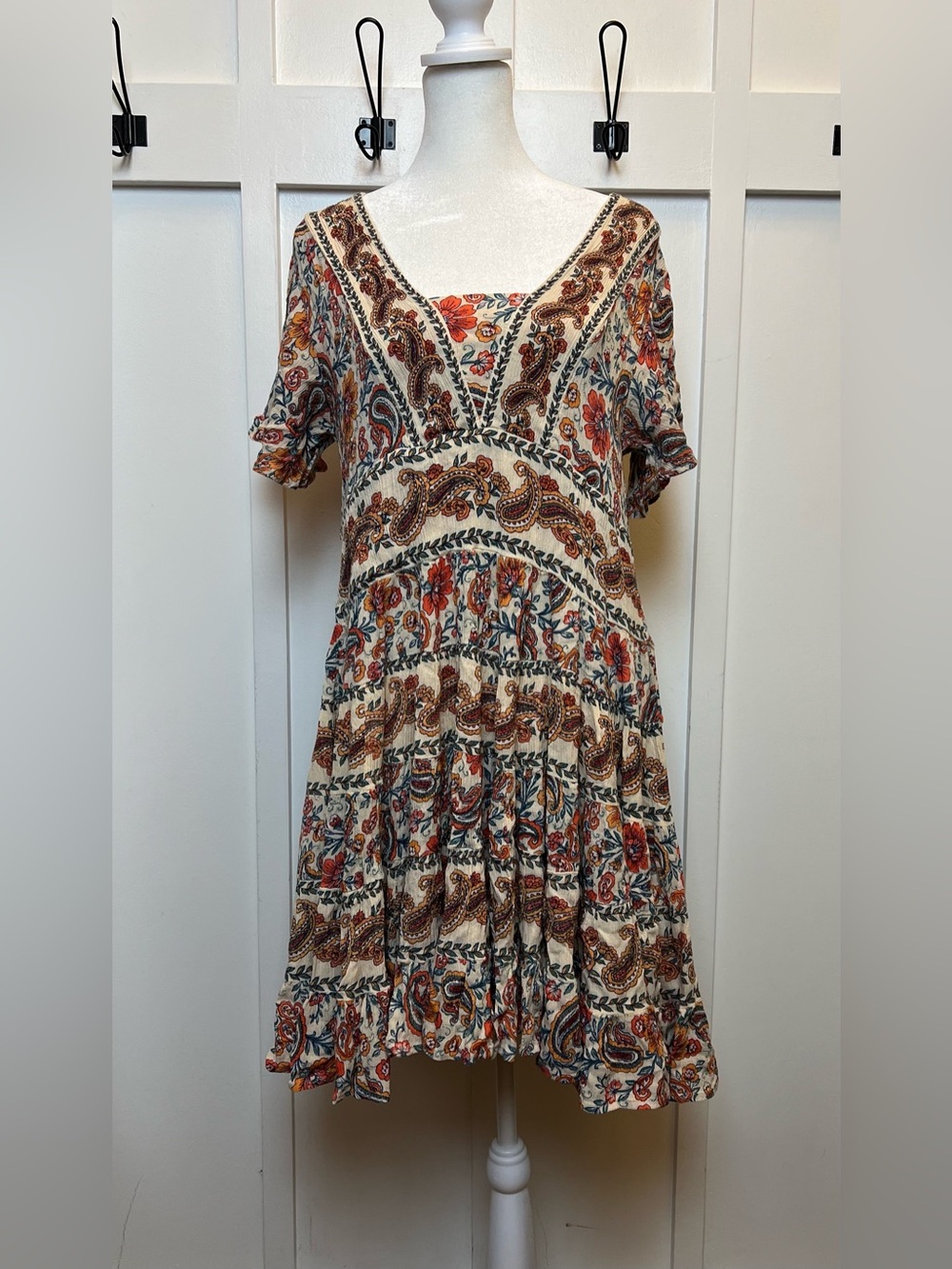 Tiered Mini Dress Fall Prairie Southwestern Paisley Earth Boho BILA Womens Large